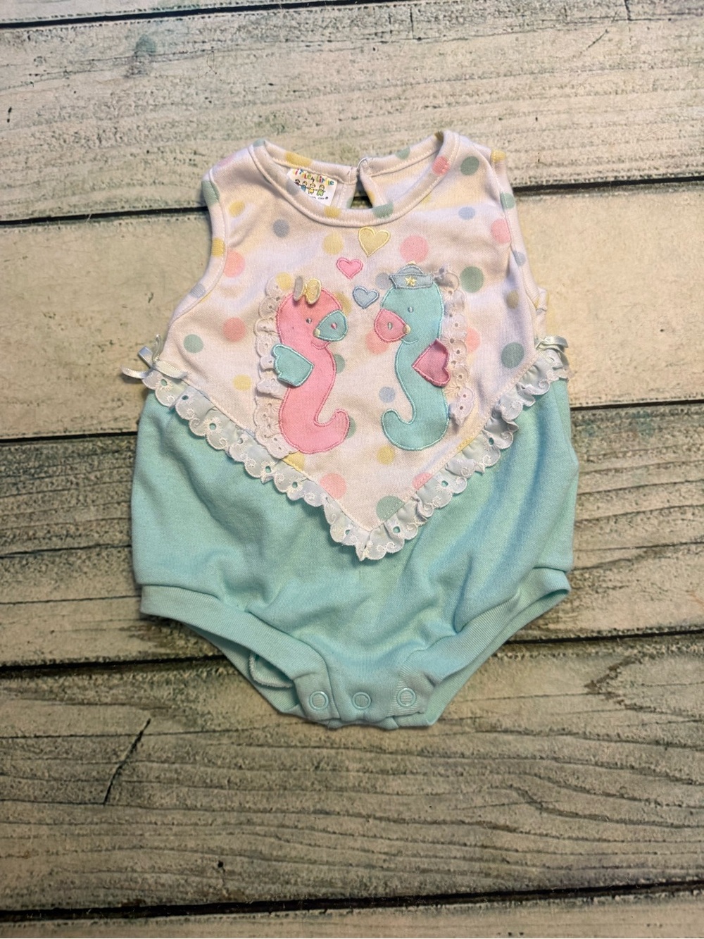 Vintage little by little seahorse pattern romper. 12 months